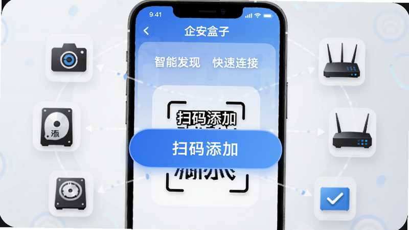 展示'企安盒子'App的设备添加界面,中间是一个巨大的'扫码添加'按钮,周围环绕着摄像头、硬盘、路由器等硬件图标,背景为浅灰色渐变,突出'智能发现'与'快速连接'的功能点,文字清晰可见,风格简约现代,细节丰富,高清画质