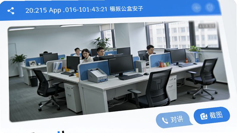 特写'企安盒子'App的视频播放界面,显示一个办公室场景的实时监控画面,右下角有'对讲'和'截图'按钮,顶部显示时间戳和摄像头名称,界面UI简洁大方,色彩以蓝白为主,体现专业与高效,高清细节,无噪点,视觉舒适
