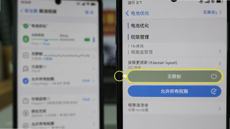 展示手机设置界面中的'电池优化'与'权限管理'选项,高亮显示'无限制'与'允许所有权限'按钮,背景模糊处理,突出操作重点,风格写实,细节清晰,用于指导用户设置权限,高清画质
