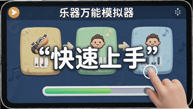 主体为“乐器万能模拟器”新手教程界面,布局为步骤引导图,风格友好亲切,细节包含手指点击示意与进度条,画质高清,干净,文字加引号“快速上手”