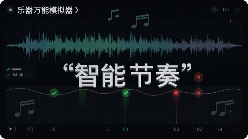 主体为“乐器万能模拟器”节奏辅助功能演示,布局为波形图与节拍点结合,风格数据可视化,细节包含绿色正确标记与红色错误提示,画质高清,干净,文字加引号“智能节奏”