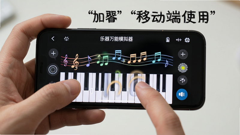 主体为手机运行“乐器万能模拟器”的场景,布局为手持手机特写,手指在屏幕上滑动演奏,风格生活化,细节包含屏幕上的音符特效与手机散热状态,画质清晰,干净,文字加引号“移动端使用”