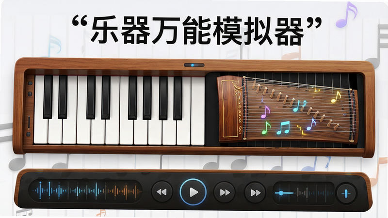 主体为“乐器万能模拟器”APP界面,布局清晰,顶部显示软件名称,中间展示虚拟钢琴键盘与古筝面板,底部为节奏控制区,风格现代简约,细节包含木质纹理琴身与发光音符特效,画质高清,干净无多余元素,文字加引号“乐器万能模拟器”