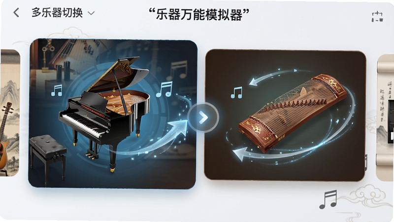 主体为“乐器万能模拟器”多乐器切换界面,布局为左右滑动卡片式,展示钢琴与古筝两种乐器图标,风格科技感与古典风融合,细节包含乐器特写与切换动画轨迹,画质清晰,干净,文字加引号“多乐器切换”