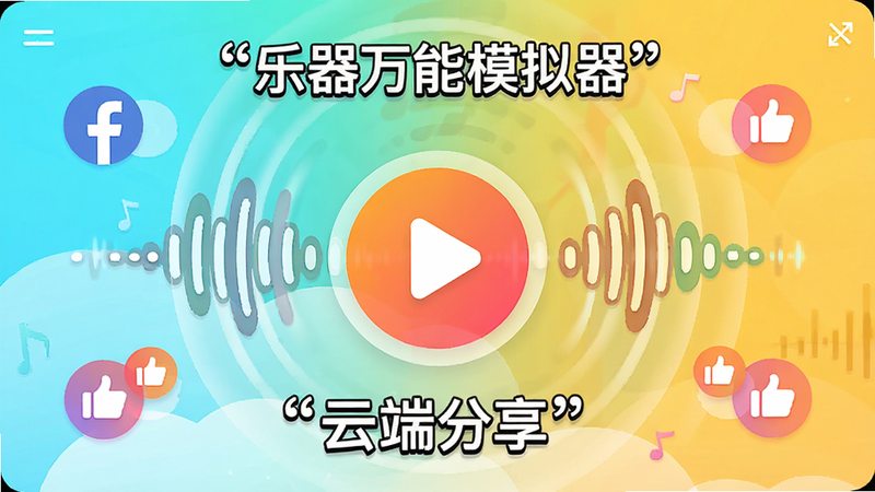 主体为“乐器万能模拟器”分享界面,布局为中心播放按钮与社交图标环绕,风格活泼生动,细节包含声波扩散效果与点赞图标,画质清晰,干净,文字加引号“云端分享”