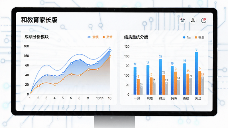 主体为数据可视化界面,显示“和教育家长版”的成绩分析模块,包含折线图和柱状图,图表颜色为蓝色和橙色,背景白色,风格科技感,细节精致,画质高清,干净