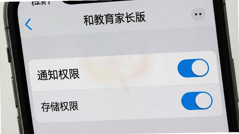 主体为手机设置界面,显示“和教育家长版”的权限管理页面,高亮显示“通知权限”和“存储权限”开关,背景为系统默认灰色,风格简洁,细节清晰,画质高清,无多余装饰