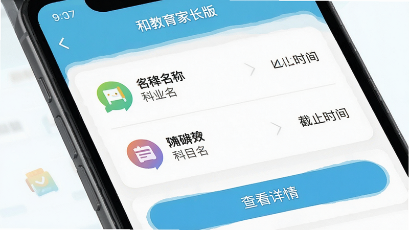 主体为手机屏幕特写,显示“和教育家长版”的作业列表页面,列表项包含作业名称、科目图标、截止时间,底部有“查看详情”按钮,风格扁平化,色彩清新,细节清晰,画质8k,无水印