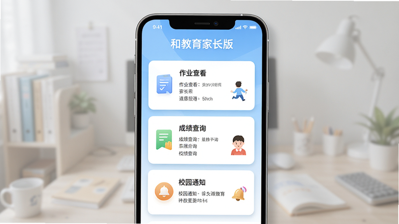 主体为“和教育家长版”APP的手机界面展示,布局清晰,顶部显示“和教育家长版”字样,中间分为“作业查看”、“成绩查询”、“校园通知”三个模块,背景为淡蓝色渐变,风格简洁现代,细节处有柔和阴影,画质高清,干净无多余元素