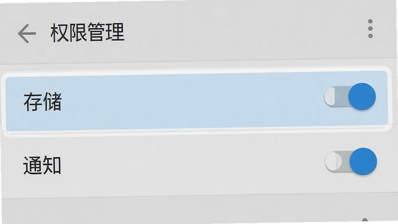 手机设置界面截图,显示应用权限管理页面,高亮显示“存储”和“通知”权限开关,界面简洁明了,背景为浅灰色。主体为权限设置界面,布局为标准安卓设置风格,排版整齐。风格为UI界面设计,细节清晰,画质高清,文字“权限管理”清晰可见,无多余元素。