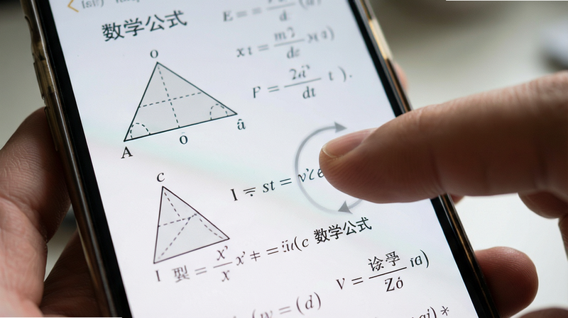 手机屏幕特写,显示数学教材的一页内容,包含几何图形和公式,手指正在做双指缩放动作,界面清晰锐利,背景虚化。主体为手机屏幕内容,布局聚焦于教材页面细节,排版模仿真实书籍。风格为写实摄影风格,细节丰富,画质细腻,文字“数学公式”隐约可见但不过分强调,整体干净简洁。