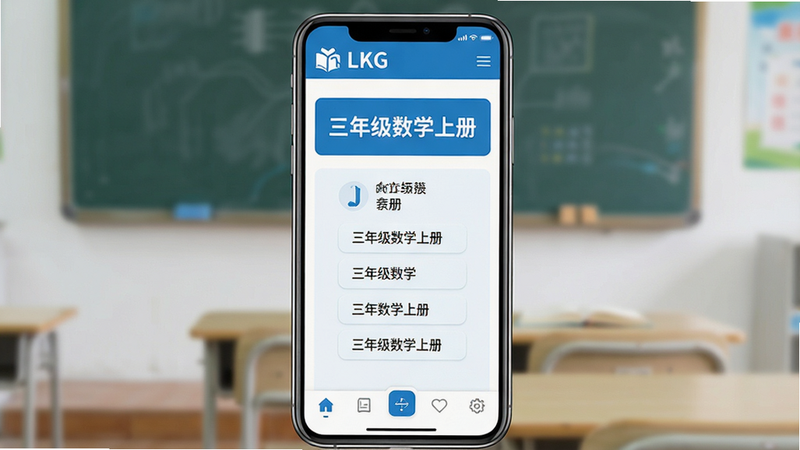 主体为一部现代智能手机,屏幕正显示“三年级数学上册”电子教材目录页,界面设计简洁清新,采用蓝白配色,顶部有软件Logo,中间列出章节标题,底部有导航栏。布局为垂直居中,排版清晰有序。风格为扁平化UI设计,细节处体现教育科技感,画质高清4K,干净无多余元素,文字“三年级数学上册”清晰可见。