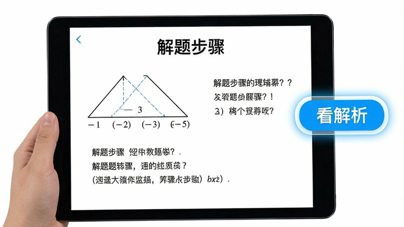 平板屏幕显示应用题解题步骤,包含线段图和文字说明,旁边有“看解析”按钮高亮显示,界面友好易懂,背景为白色。主体为解题过程展示,布局清晰有序,排版符合学习逻辑。风格为教育辅助界面,细节处体现互动性,画质清晰,文字“解题步骤”清晰可见,无多余装饰。