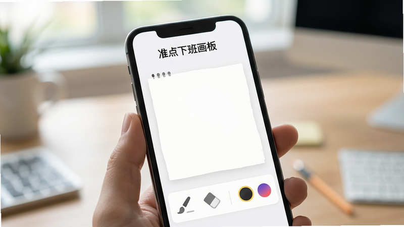 高清写实风格手机屏幕特写,主体为“准点下班画板”APP界面,布局简洁现代,顶部显示“准点下班画板”标题,中间为白色画布区域,底部为极简工具栏包含笔刷、橡皮、颜色选择器,背景为柔和办公桌面环境,光线自然,细节清晰,4k分辨率,干净无多余元素