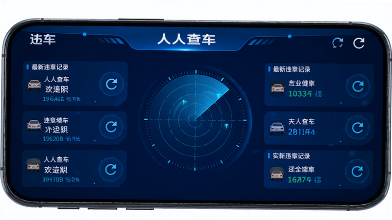 主体为手机屏幕展示“人人查车”实时监测模块,布局中心为雷达扫描动画图标,周围环绕着最新违章记录列表,排版动态感强,风格科技蓝,细节处有刷新箭头标识,画质高保真,干净,无多余元素