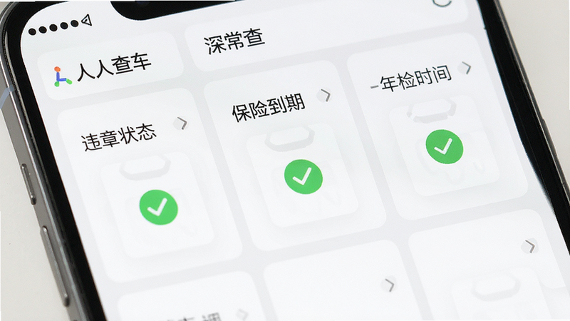 主体为手机界面特写,展示“人人查车”的数据聚合页面,布局采用卡片式设计,分别显示“违章状态”、“保险到期”、“年检时间”三个模块,排版紧凑有序,风格扁平化,细节处有绿色对勾标识正常状态,画质清晰,干净,无多余元素