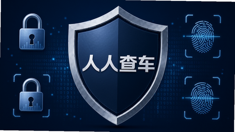 主体为盾牌图标居中,内部包含“人人查车”Logo,布局对称,周围环绕着数据锁和指纹识别元素,排版庄重,风格深蓝色商务风,细节处有加密代码流动效果,画质细腻,干净,无多余元素