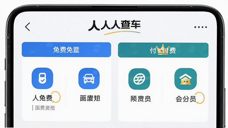 主体为手机屏幕展示“人人查车”的会员中心页面,布局区分免费和付费功能图标,排版对比鲜明,风格简洁商务,细节处有皇冠标识会员权益,画质高清,干净,无多余元素