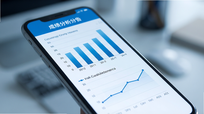 一张数据可视化图表展示图,主体为手机屏幕上的成绩分析报告,包含柱状图和折线图,色调为科技蓝,背景虚化,突出数据的专业性与清晰度,风格商务简约,画质细腻,无干扰元素