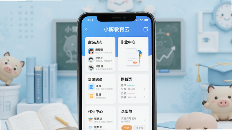一张展示小豚教育云APP首页界面的高清预览图,主体为手机屏幕,背景为淡蓝色教育风格,屏幕中显示“班级动态”、“作业中心”等模块,布局整洁,字体清晰,风格简约现代,画质清晰,无多余装饰,文字“小豚教育云”位于顶部