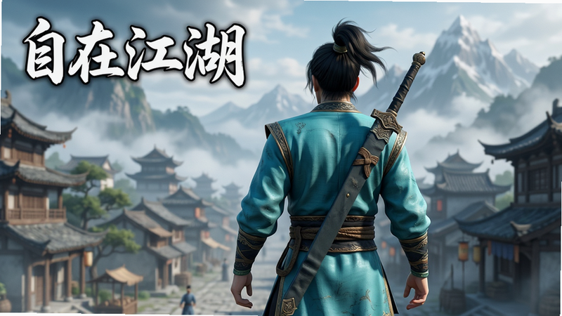 主体为《自在江湖》游戏主视觉图,布局为横向宽屏构图,排版中心聚焦一名身着青色劲装的武侠角色背对镜头,背景是云雾缭绕的古代城镇与雪山,风格为精致写实国风,细节丰富,画质高清,干净无多余元素,文字“自在江湖”置于左上角,字体为书法体,白色描边,清晰醒目。