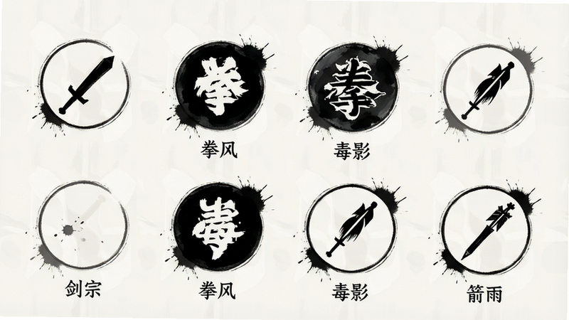 主体为游戏内武学选择界面,布局为网格状排列,排版清晰展示四个圆形图标,分别代表剑、拳、毒、箭四种流派,风格为扁平化UI设计,细节处带有水墨飞溅效果,画质清晰,干净背景,文字标签“剑宗”、“拳风”、“毒影”、“箭雨”位于图标下方,黑色小字,简洁明了。
