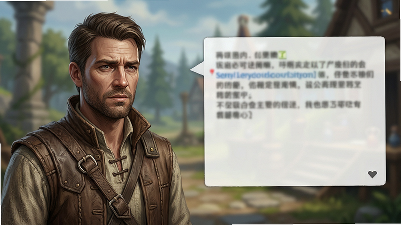 主体为游戏剧情对话场景,布局为三分法构图,排版左侧为NPC半身像,右侧为对话框,风格为写实插画,细节刻画人物表情与服饰纹理,画质高清,背景虚化处理突出主体,文字内容模糊不可读但可见气泡框,干净场景无杂物。