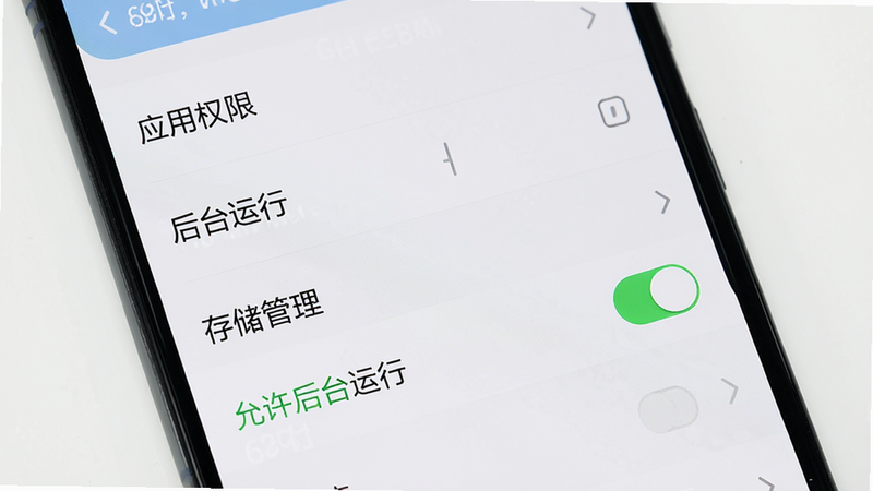 主体为手机设置界面截图,布局为列表形式,排版清晰展示“应用权限”、“后台运行”、“存储管理”等选项,风格为现代简约UI,细节处高亮显示“允许后台运行”开关为绿色开启状态,画质清晰,干净背景,无多余干扰元素。