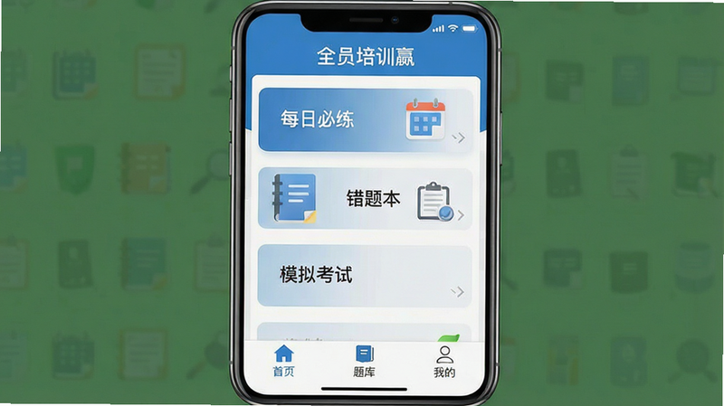 一张高清手机界面截图,主体为“全员培训赢”APP的主界面,布局清晰,顶部显示软件名称,中间展示分类模块如“每日必练”、“错题本”、“模拟考试”,底部导航栏包含“首页”、“题库”、“我的”等图标,风格为扁平化商务蓝白配色,细节丰富,画质清晰,无多余水印或杂乱元素,干净简洁