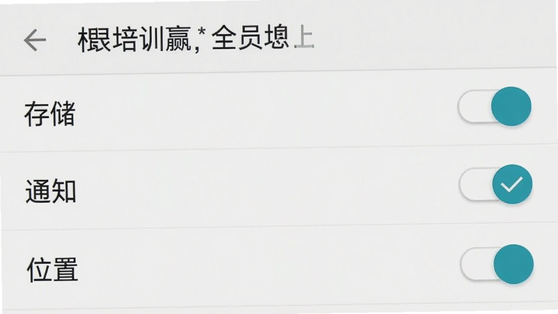 手机设置界面截图,展示“全员培训赢”的权限设置页面,主体为权限列表如“存储”、“通知”、“位置”,开关状态清晰可见,布局标准安卓风格,细节体现权限勾选状态,画质清晰,无多余弹窗