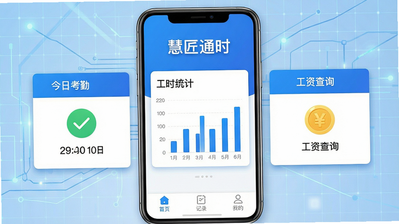 画面主体为慧匠通时APP的手机界面展示,布局采用居中对称设计,背景为淡蓝色科技网格。屏幕上方显示