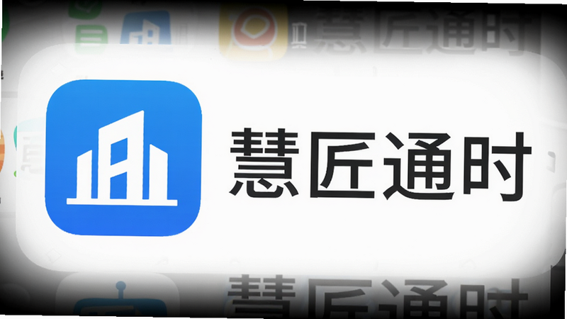 展示慧匠通时APP在安卓手机侧边栏或应用列表中的图标展示,图标为蓝底白色建筑轮廓,背景为纯净的白色,周围有柔和的光晕效果。文字部分清晰显示