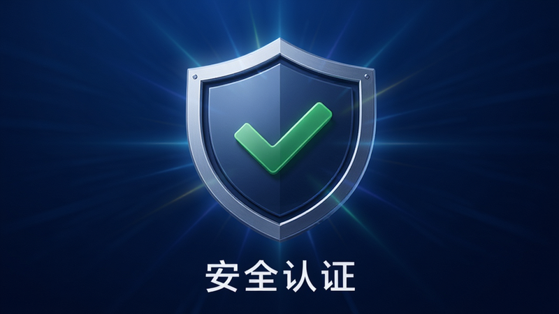 特写慧匠通时APP的安全认证盾牌图标,盾牌中心有一个绿色的对勾,背景为深蓝色渐变,象征安全与信任。图标周围有细微的光线发散效果,增强科技感。文字