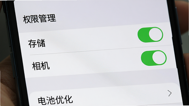 展示手机设置界面截图,特写“权限管理”选项,高亮显示“存储”和“相机”权限开关为开启状态,下方有“电池优化”设置项,界面风格简洁,文字清晰,背景为浅灰色,突出关键操作按钮,高清,无多余干扰元素