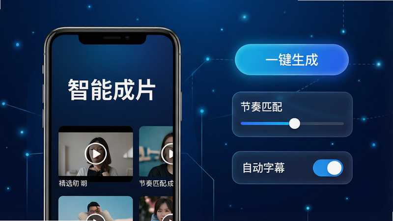 高清数码风格界面预览,主体为“剪辑一键成片”App启动页,左侧展示手机屏幕,屏幕上显示“智能成片”大字标题及几个精选视频模板缩略图,右侧悬浮着几个发光的UI组件:一个“一键生成”按钮、一个“节奏匹配”滑块、一个“自动字幕”开关。背景为深蓝色科技渐变,点缀着细微的光点和线条,体现智能科技感。整体布局简洁现代,文字清晰,无多余杂乱元素,8k分辨率,干净利落
