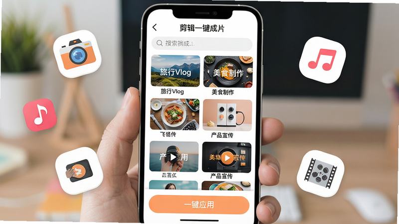 展示“剪辑一键成片”App内的模板选择界面,手机竖屏显示,顶部有搜索栏,下方网格排列着多个视频封面,包括“旅行Vlog”、“美食制作”、“产品宣传”等标签。界面色调清新,以白色和浅橙色为主,底部有“一键应用”的大按钮。周围漂浮着几个代表不同风格的图标:相机、音符、电影胶卷。风格扁平化,色彩明亮,细节丰富,高清渲染,无水印