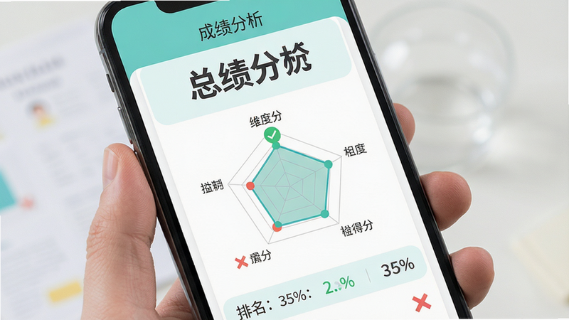 主体为手机界面展示考试结束后的成绩单,布局上方为总分大字显示,下方为雷达图展示各维度得分,底部列出排名数据。风格为扁平化UI设计,色彩清新,数据可视化直观,细节处有对勾和叉号图标,画质干净,无多余元素,文字显示: