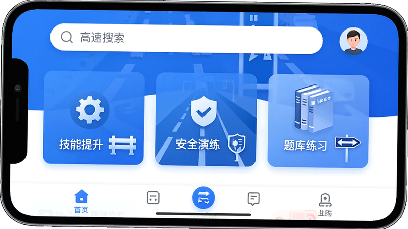主体为高速学堂APP的主界面截图,布局采用卡片式设计,顶部显示搜索栏和用户头像,中部展示“技能提升”、“安全演练”、“题库练习”三个核心功能入口,底部为导航栏。风格为现代简约科技风,配色以蓝色和白色为主,细节处体现高速公路元素如护栏和路标图标,画质高清,干净无多余元素,文字清晰可见: