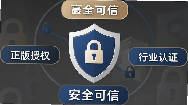 主体为高速学堂APP的安全认证标识,布局中心为盾牌图标,周围环绕“数据加密”、“正版授权”、“行业认证”三个标签。风格为简约商务风,配色稳重,细节处有锁形图标,画质高清,干净无多余元素,文字显示: