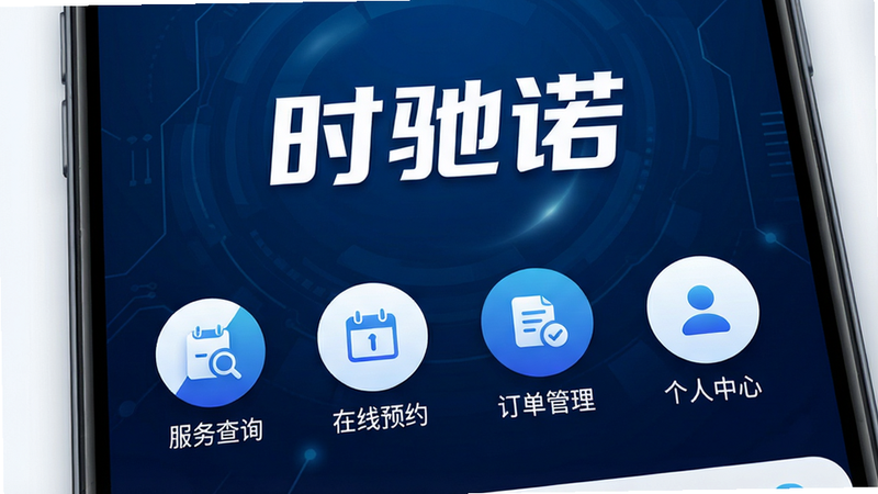 主体为智能手机屏幕,显示时驰诺应用的主界面,界面采用深蓝色科技风格背景,中央有醒目的白色“时驰诺”Logo,下方排列着四个圆形功能图标,分别代表“服务查询”、“在线预约”、“订单管理”、“个人中心”,图标线条简洁,配色为蓝白渐变,整体布局对称平衡,风格现代简约,细节处有微弱的光影效果,画质高清,干净,无多余元素,文字清晰可见