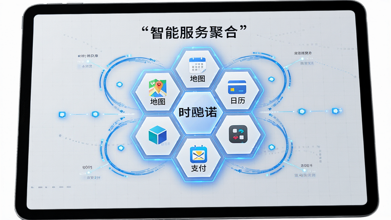 主体为平板电脑屏幕,展示时驰诺的“智能服务聚合”功能页面,背景为浅灰色网格,中央是一个六边形蜂巢结构,每个蜂巢内包含不同的服务图标,如“地图”、“日历”、“支付”等,蜂巢周围有动态连接线条,象征数据互通,整体布局中心对称,风格科技感强,细节处有蓝色光晕点缀,画质清晰,干净,无多余元素,文字加引号