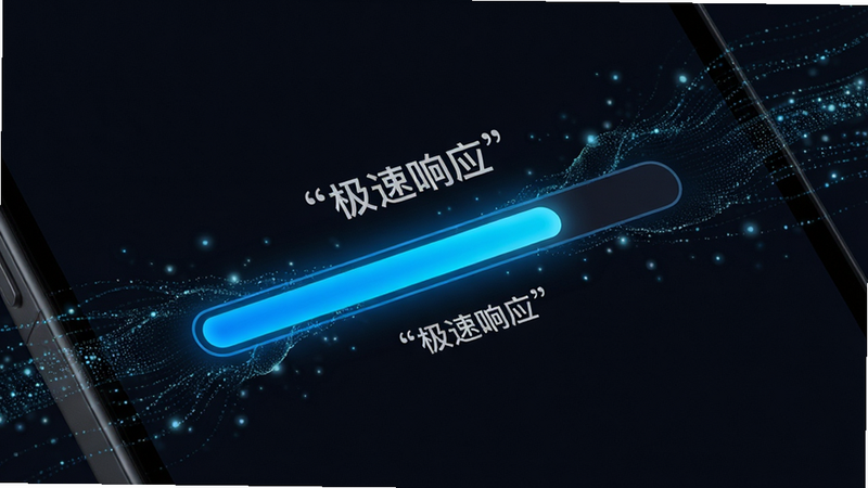 主体为手机屏幕局部特写,显示时驰诺的数据加载进度条,进度条为亮蓝色,背景为深色,周围有流动的数据粒子效果,象征极速传输,布局紧凑,风格极简主义,细节处有微弱的粒子闪烁,画质高清,干净,无多余元素,文字加引号
