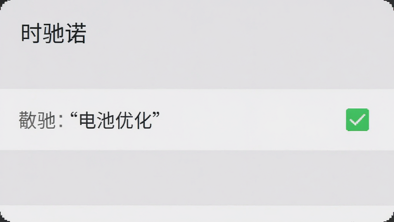 主体为手机设置界面截图,显示时驰诺的“电池优化”设置选项,选项被勾选,背景为系统默认灰色,布局简洁,风格扁平化,细节处有绿色对勾图标,画质清晰,干净,无多余元素,文字加引号