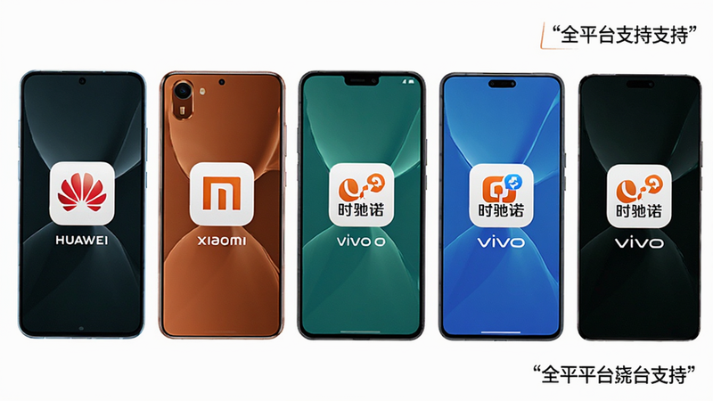 主体为多品牌手机排列图,包括华为、小米、OPPO、vivo等机型,屏幕上均显示时驰诺应用图标,背景为纯白色,布局整齐,风格商务简约,细节处有品牌Logo清晰可见,画质高清,干净,无多余元素,文字加引号