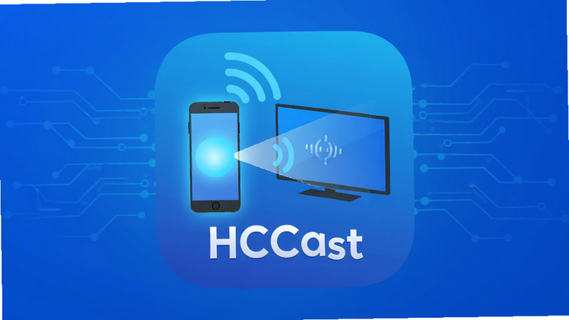 主体为HCCast软件图标,蓝色科技感背景,居中放置一个发光的手机向电视投射光束的矢量插图,布局对称平衡,排版简洁现代,风格为扁平化UI设计,细节包含信号波纹和高分辨率标识,画质8k,干净,无多余元素