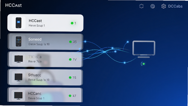 主体为HCCast操作界面截图,展示设备列表页,背景为深蓝色渐变,手机图标与电视图标之间有动态连接线条,布局清晰,排版左右分栏,风格为现代科技风,细节显示连接成功状态指示灯,画质高清,干净,无多余元素