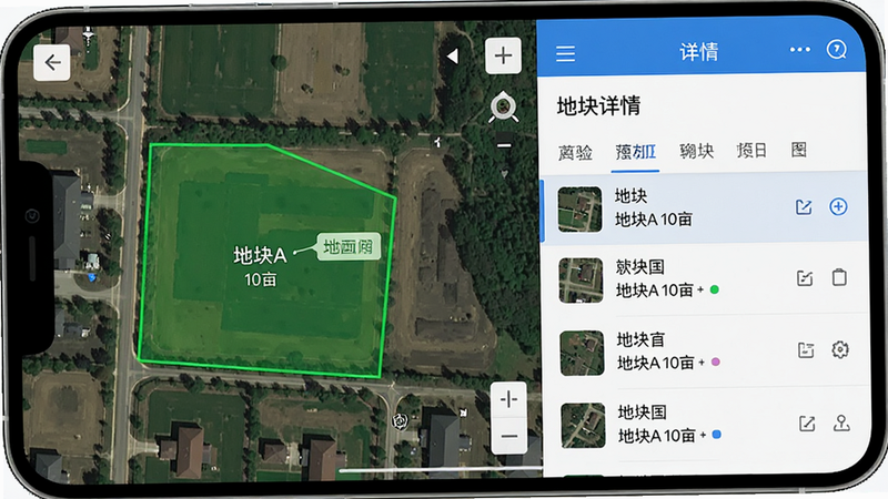 手机应用界面截图展示,左侧是卫星地图视图,右侧是地块详情列表,地图上有一个多边形的绿色地块被高亮显示,旁边标注着“地块A 10亩”,界面清晰,UI设计现代,蓝色与白色为主色调,细节丰富,高分辨率