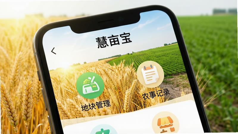 一张高清的智能手机屏幕特写,屏幕上显示着“慧亩宝”APP的主界面,背景是金黄色的麦田和绿色的农田,界面风格清新简洁,顶部有“慧亩宝”字样,下方是“地块管理”、“农事记录”等图标,阳光明媚,色彩鲜艳,高分辨率,干净无杂物,写实风格
