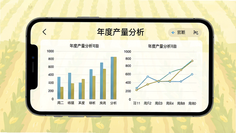 手机屏幕显示柱状图和折线图,图表标题为“年度产量分析”,数据清晰可见,背景是淡黄色的农田,界面布局合理,色彩搭配和谐,专业感强,高分辨率,干净无杂物