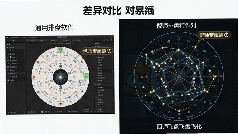 主体为对比图表,左侧显示通用排盘软件界面,右侧突出显示倪师排盘特有的四化飞星轨迹,布局为左右分栏对比,排版清晰,风格为专业数据分析风,细节处标注“倪师专属算法”字样,画质清晰,干净无杂乱背景,文字显示“倪师排盘 差异对比”